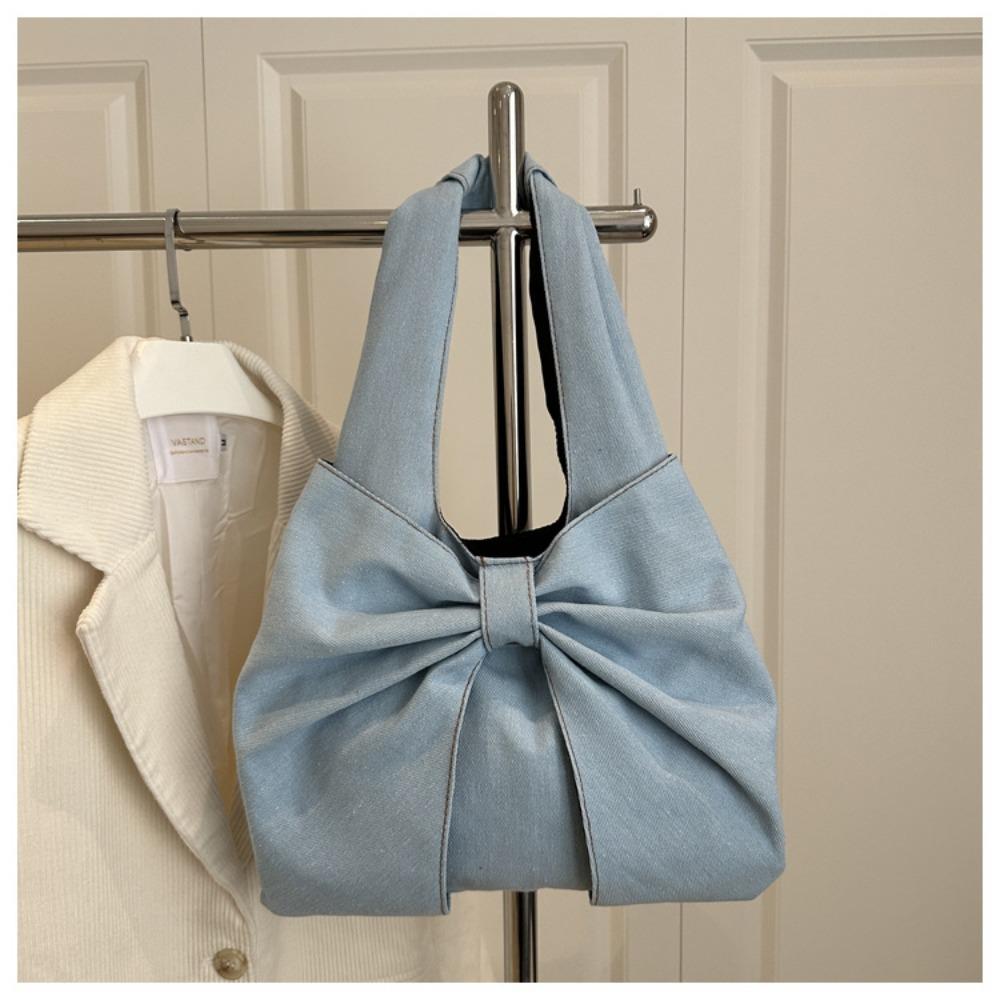 Versatile Premium Pearl Bow Denim Bag Solid Color Temperament Underarm Bags DIY Large Capacity Handbags Women Girls