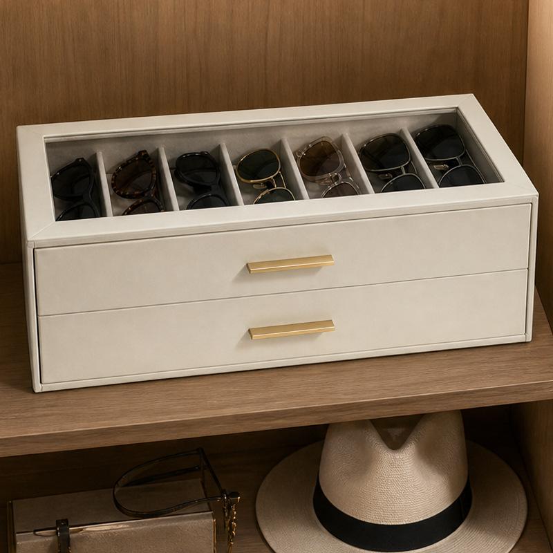 Sunglasses Organizer With Clear Display Top, 2 Drawer Multi Slot Eyeglasses Storage Box Eyewear Holder Case For Desktop