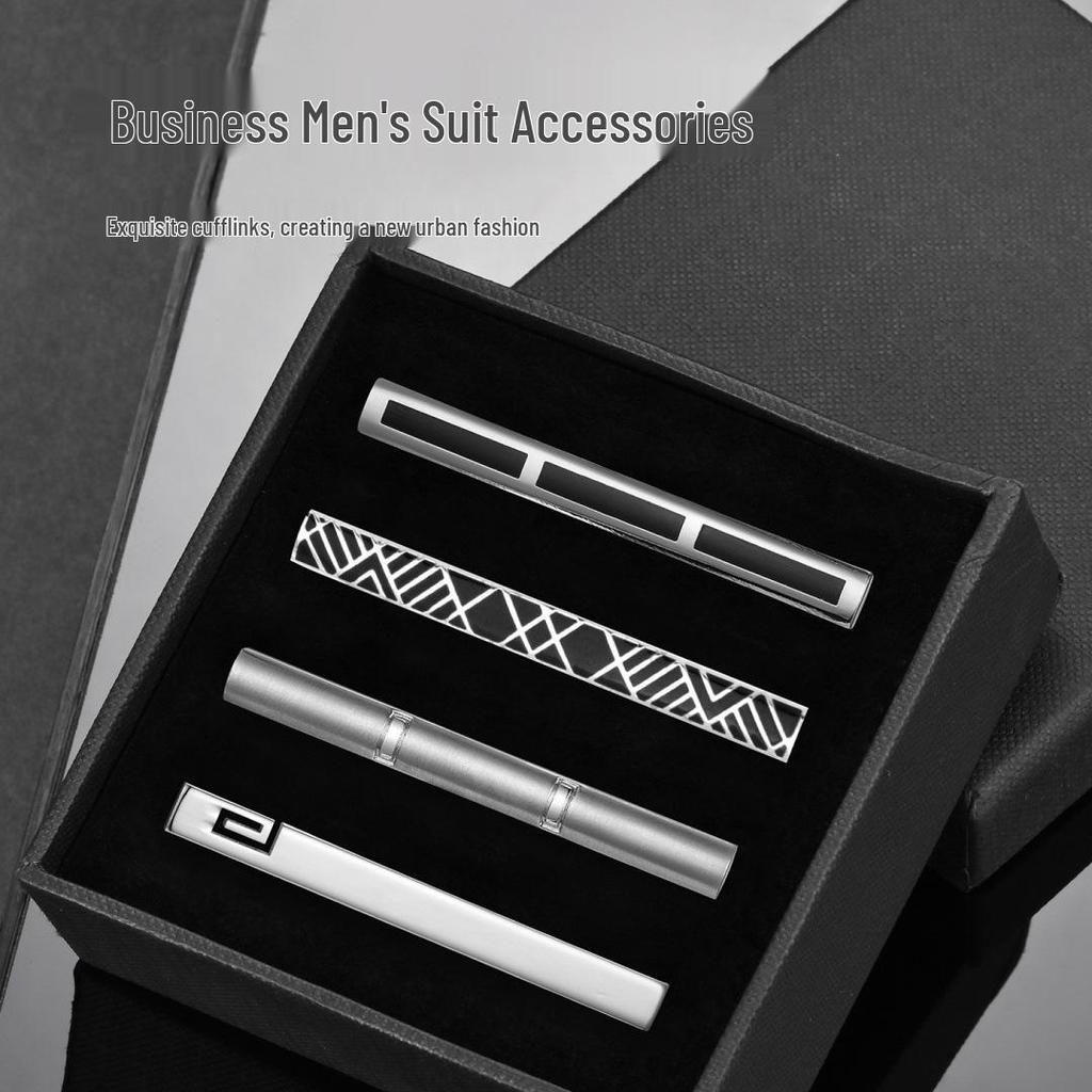 4-Piece Men's Simple Silver Enamel Tie Clip Set for Business Shirts