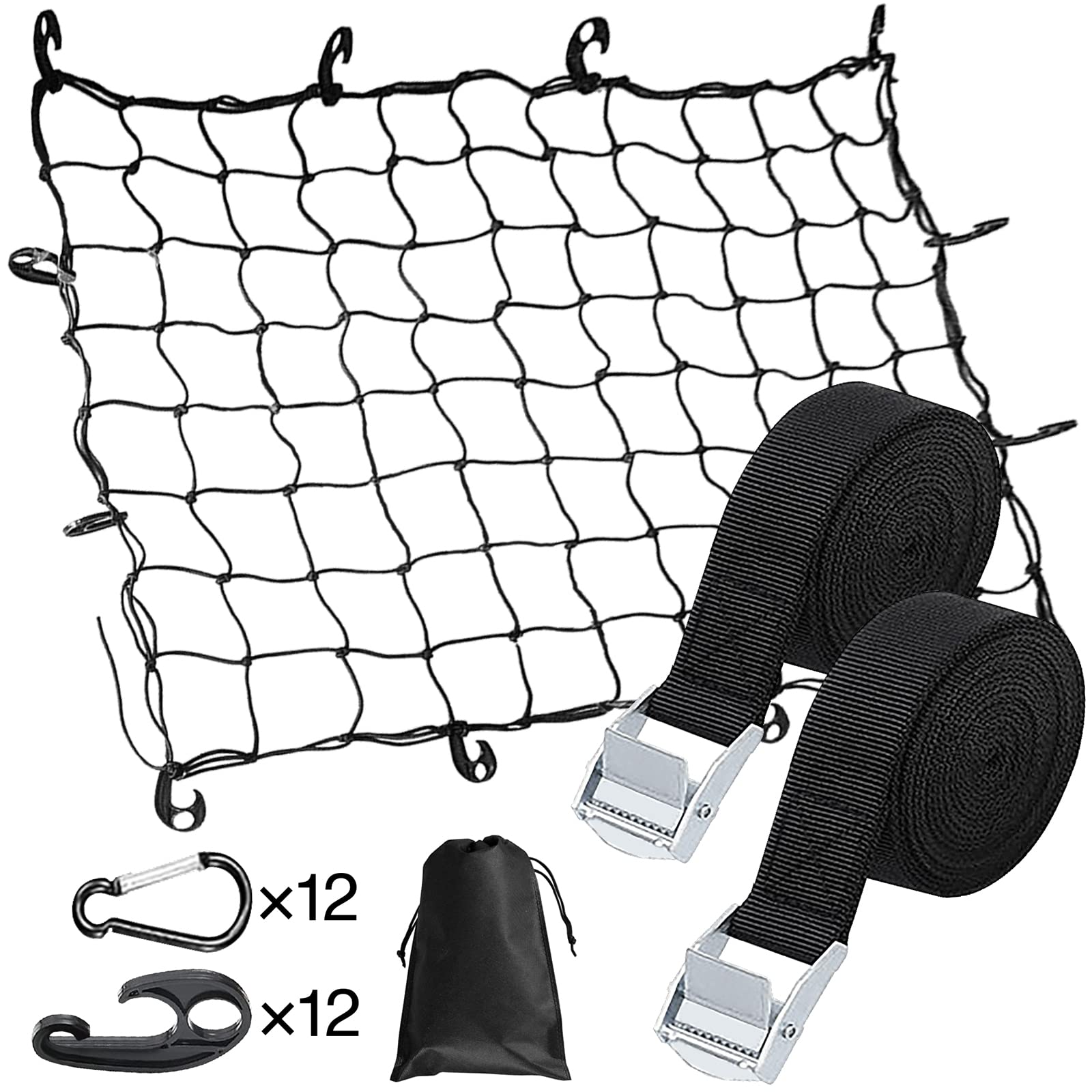 

ETLIFE Cargo Net with Cargo Straps x 12 12 and Storage Pouch Prevents Cargo from Falling and Roof Rubber Luggage Net Tie-Down (2.5m 2), Hooks,