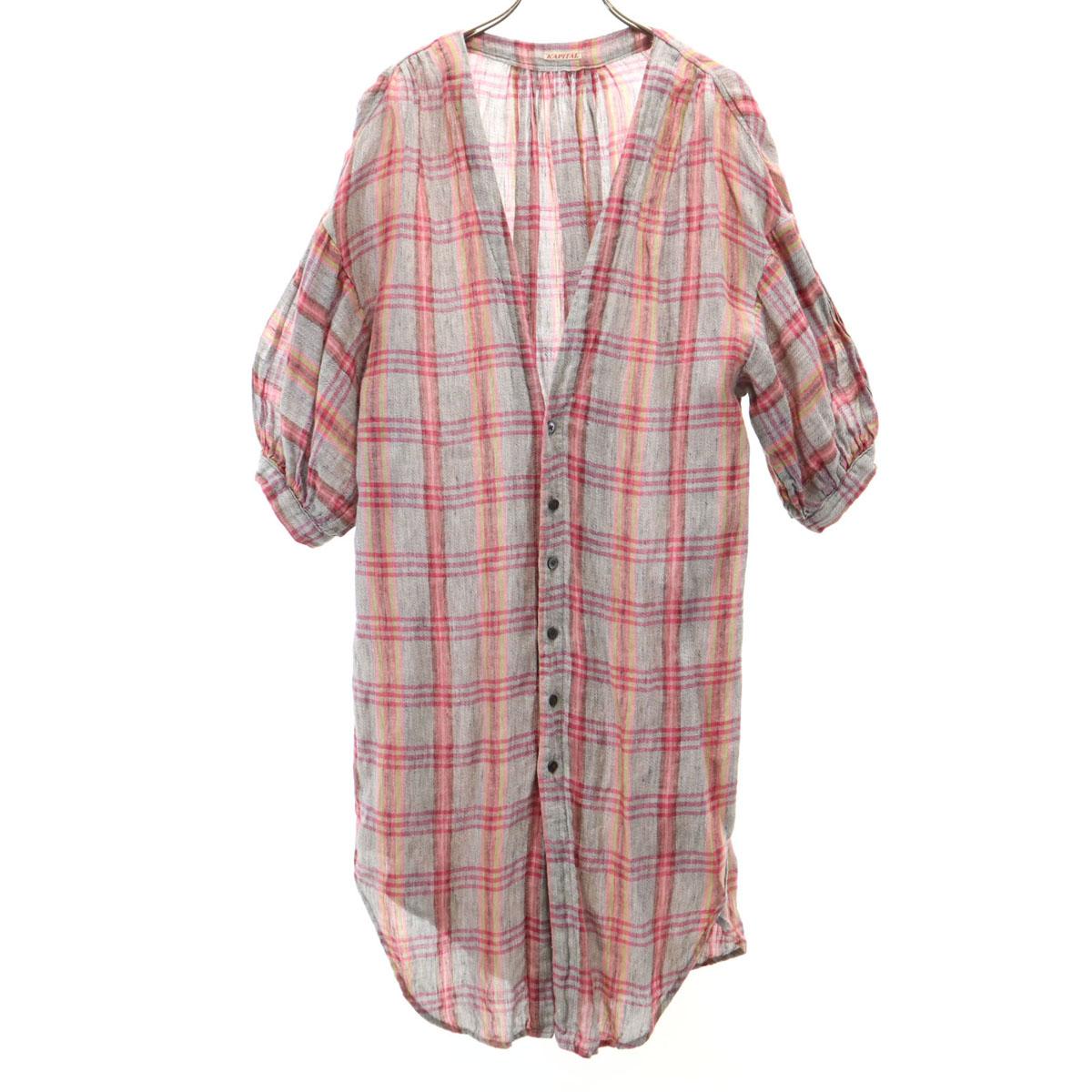 

KAPITAL Сделано в Японии Льняная рубашка с клетчатым узором Короткий рукав Длинная рубашка 1 Серый Женская Б/У