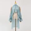 Women's Sleeveless Bell Sleeve Top with High Neck and Crop Hem In Light Blue
