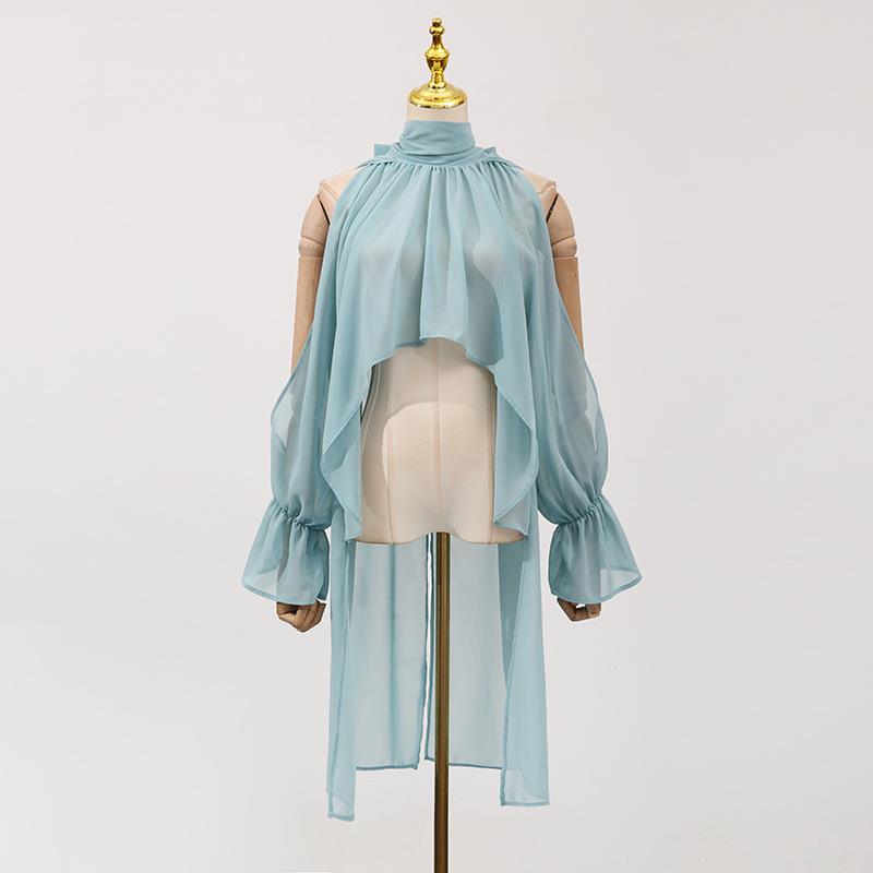 Women's Sleeveless Bell Sleeve Top with High Neck and Crop Hem In Light Blue