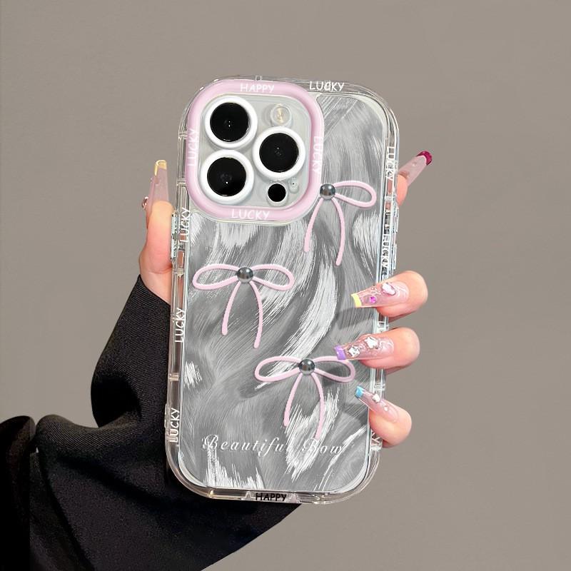 Soft Silicone Phone Case IPhone 16 Pro Max 15 Plus 14 13 With Pink Bowknots Cartoon Design Full Coverage Anti-Drop