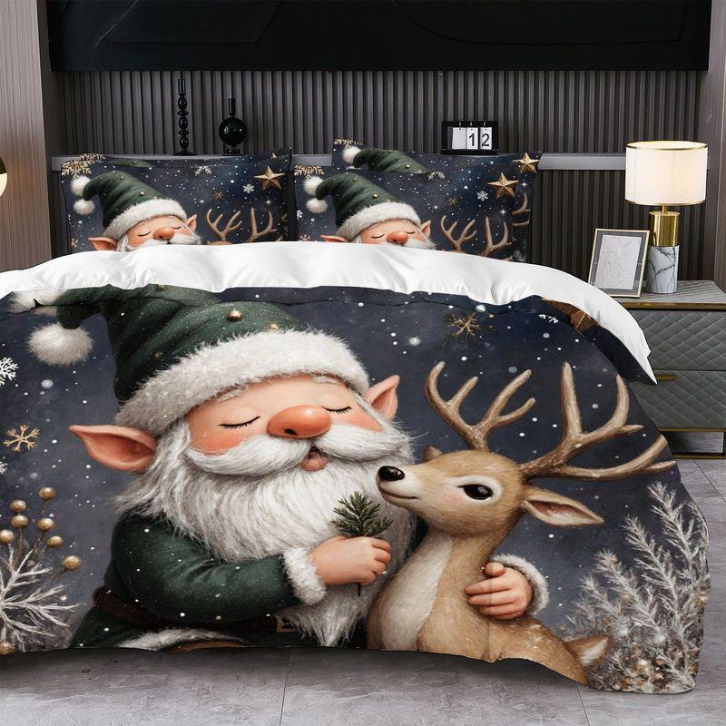 Christmas-themed Printed Duvet Cover and Pillowcase Set Santa Claus Reindeer Sleigh Christmas Tree Snowflakes 2pcs/3pcs Bedding