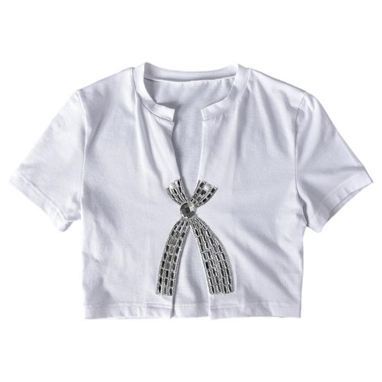 

Летние сексуальные топы с бантом, горячая дрель, декор с разрезом в пупке, дизайнерская футболка, женские топы с короткими рукавами S белый