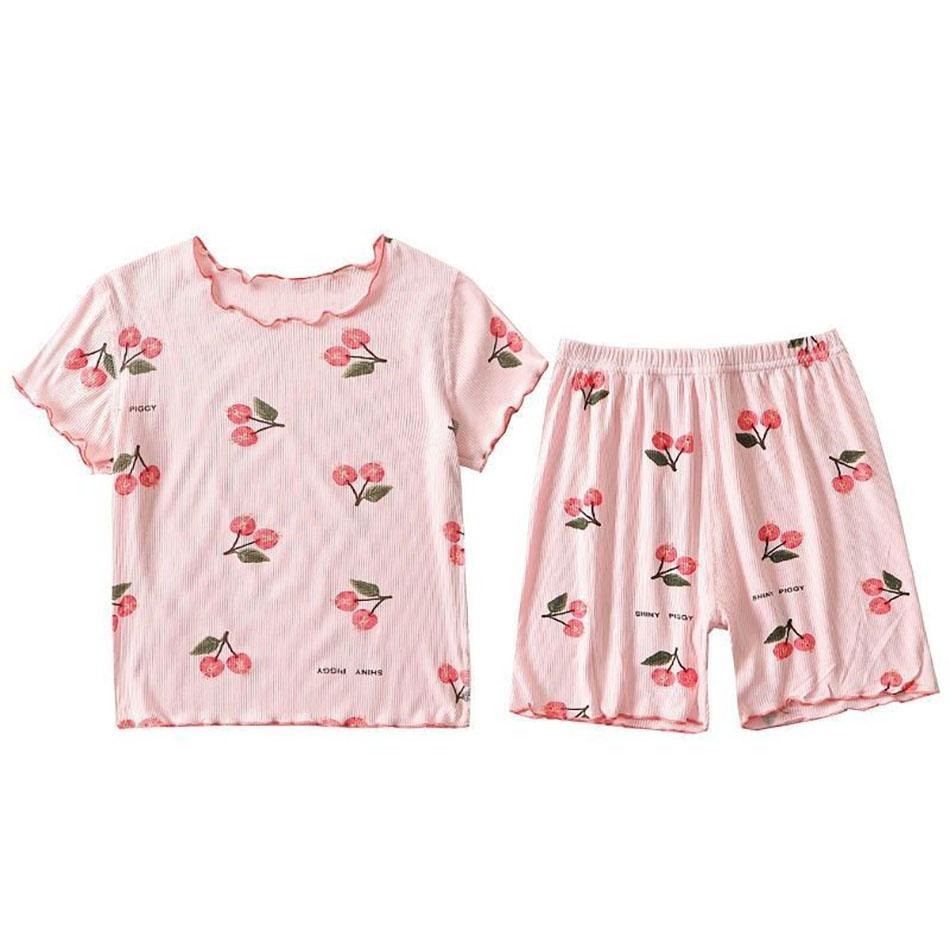 Girls Summer Pajama Set Cherry Blossom Print 4-Way Stretch Shorts & Tee Breathable Modal Blend for Bedtime and Playtime for 1-8Y