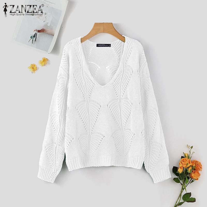 ZANZEA Autumn Women V Neck Long Sleeve Hollow Out Casual Knitted Sweaters Jumpers