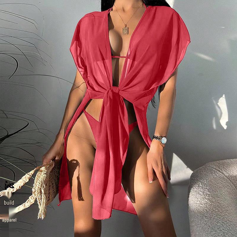 

Летняя женская шифоновая пляжная накидка 2024: Куртка средней длины, однотонная, с защитой от солнца One Size розы красного