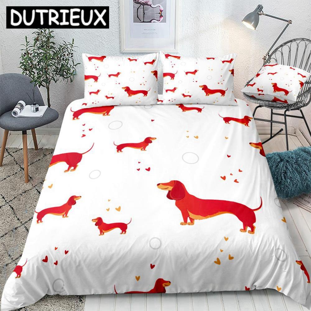 Cartoon Pet Bed Linen Kit Dachshund Sausage Dog Quilt Cover Kit Sweet Kids Teen Quilt Cover Taupe Bed Cover Dog Home Use Textile EU single(135x200cm)
