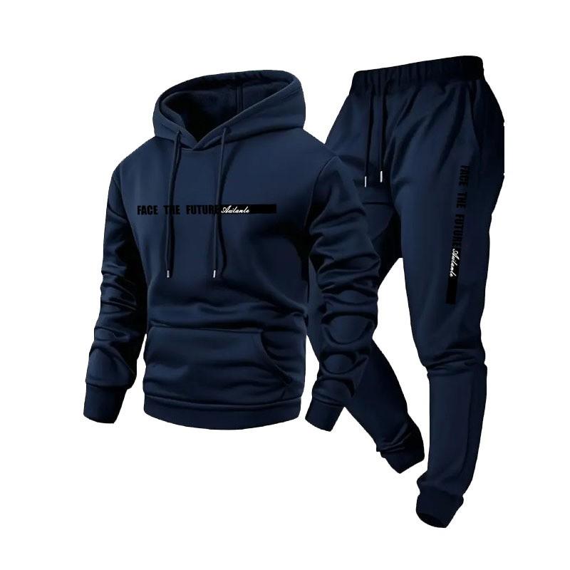 Mens Casual Hooded Sweatshirt Set With Letter Print Fleece-Lined Top Pants Winter Streetwear