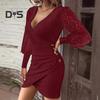 Women Dress Hollow Out Lace Sleeves Sheath Slim Fit Irregular Deep V Neck Hem Solid Color OL Style Formal Party Banquet Mini Dress Fall Spring Short