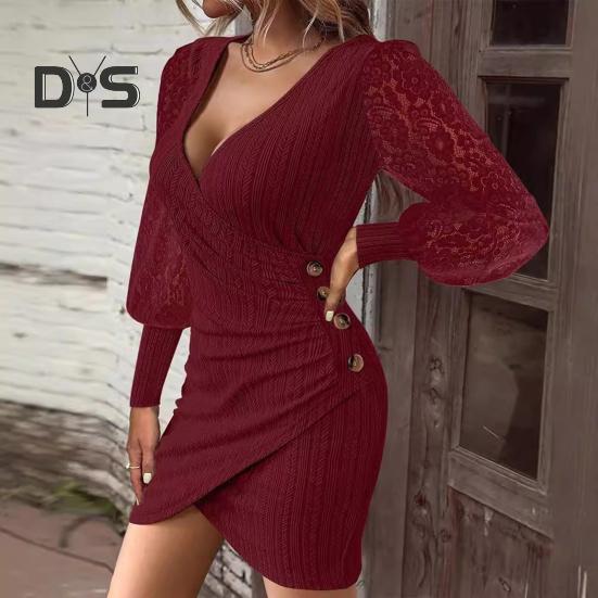 Women Dress Hollow Out Lace Sleeves Sheath Slim Fit Irregular Deep V Neck Hem Solid Color OL Style Formal Party Banquet Mini Dress Fall Spring Short