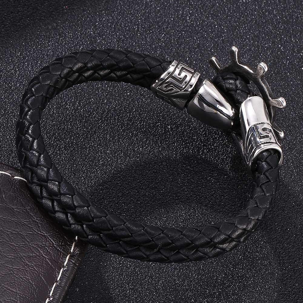 Black Retro Woven Leather Bracelet with Stainless Steel Anchor