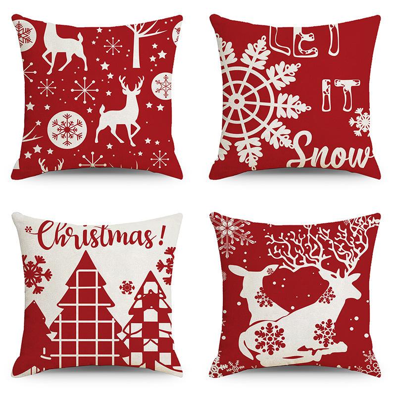 Set of 4 Trendy Christmas Pillow Covers 18x18 Red White Pillowcase Square Xmas Tree Snowflake Pattern Holiday Decor