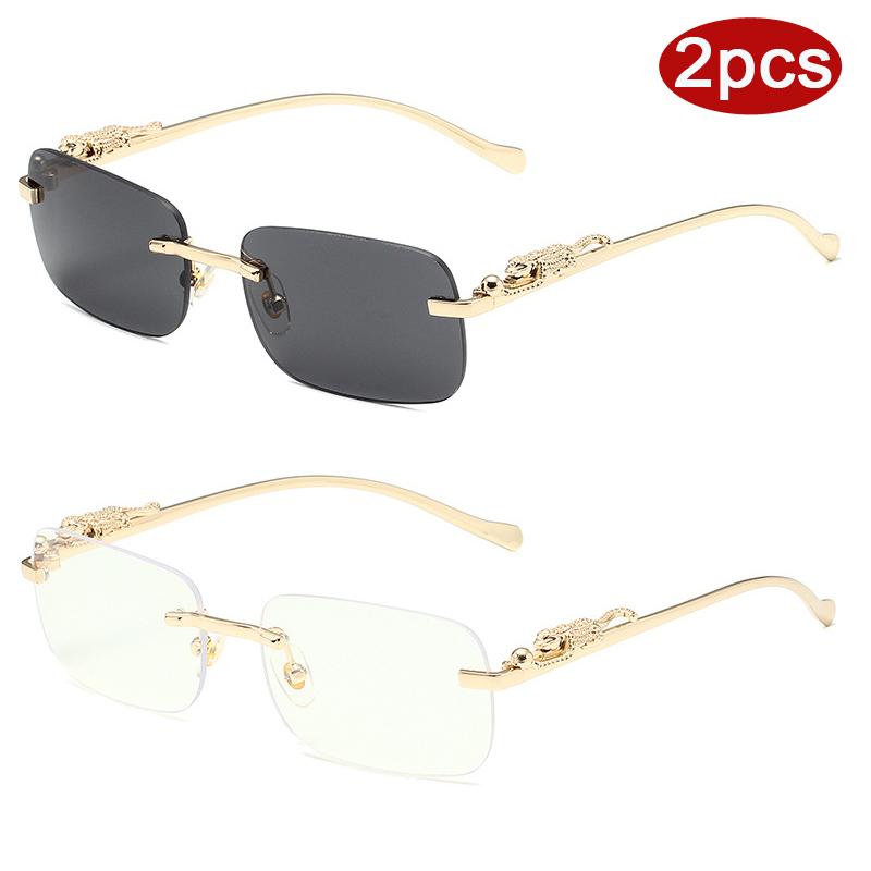 Protective Glasses 2pcs Rimless Leopard Metal Square Sunglasses Women Fashion Colorful Lens Design Sun Glasses Outdoor Shades
