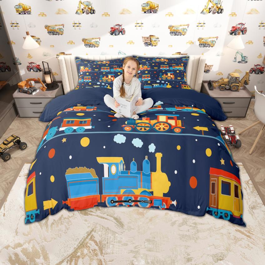 Homewish Zestaw poszewki na kołdrę dla dzieci z kreskówkowym samochodem 2 szt./3 szt., Urocza pościel z motywem pociągu, ciężarówki, traktora, Pościel z motywem transportu