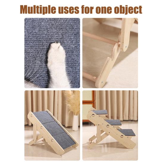 Wooden Pet Stairs Ramp Cats Convertible Slope Scratching Board Foldable Non-Slip 3 Steps Portable Pet Ladder for Senior Dogs Cats Injured Pets