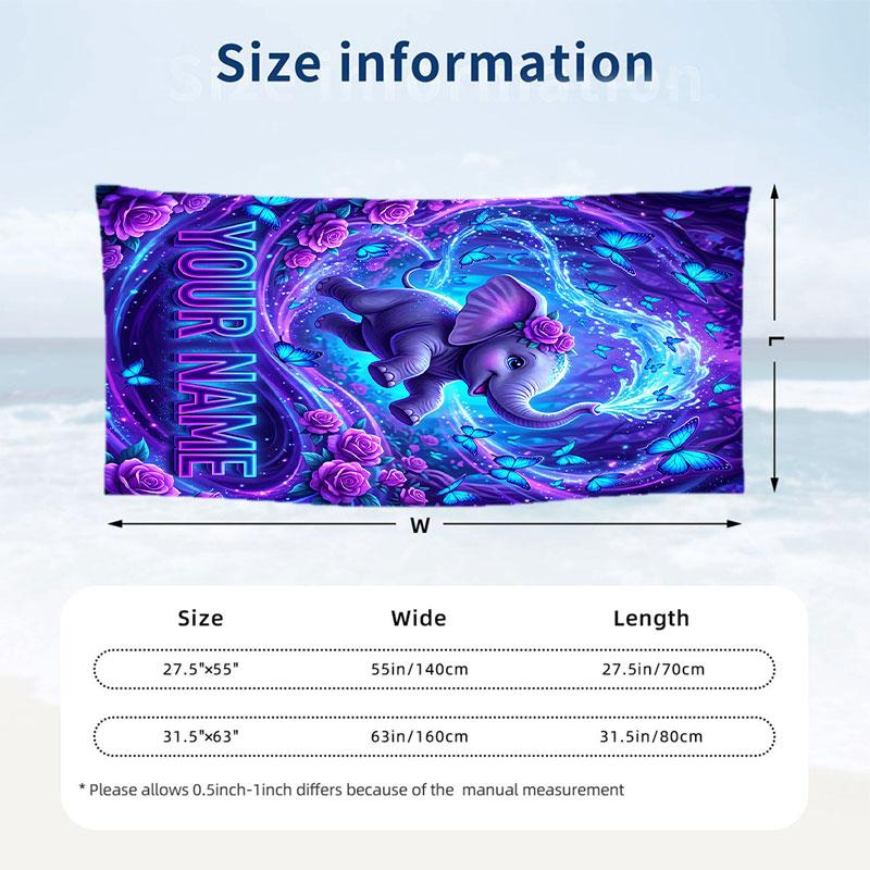 Elephant Theme Beach Towel Personalized Custom Name & Text Soft Quick Dry Beach Towel for Swimming Travel