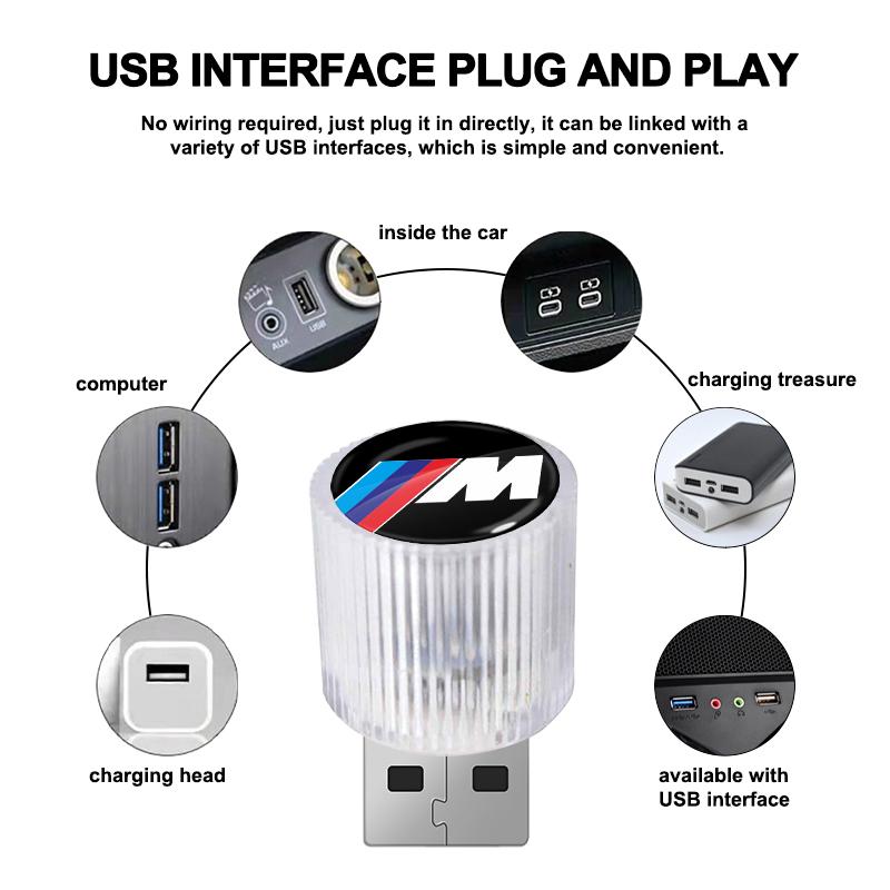 1 stk USB M LOGO Emblem Bil LED Lys Auto Interiør Atmosfærelys For BMW X7 X3 X4 X5 X6 3 4 5 6 7 Serie Z4 M M3 M5 M6 E38 E39 E46 E53 E60 E61