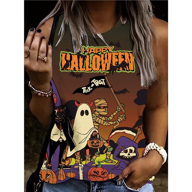 

Ghost Pumpkin Print Crew Neck Tank Top - Casual Halloween Sleeveless XX-Large