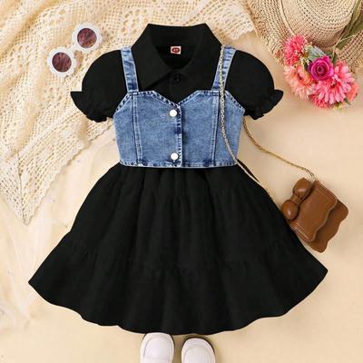 3-7Y Summer New Girls Suit Solid Colour Bubble Sleeve Dress + Suspenders Waistcoat Two-piece Set