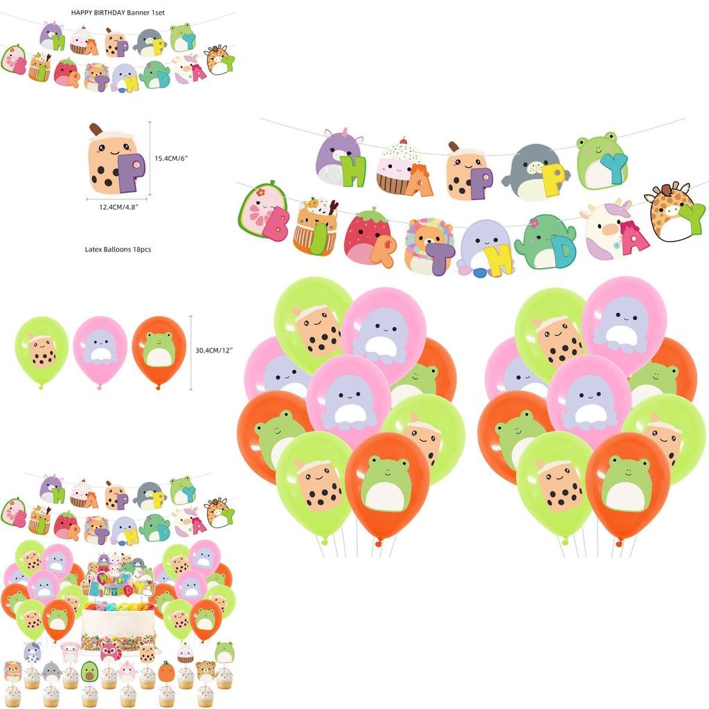 Sada párty potřeb Squishmallows k narozeninám s ozdobou na dort, balónky a bannerem, ideální pro děti