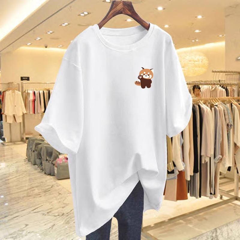 

2025 Women s Summer Loose Fit Letter Print Round Neck Mid-Length T-Shirt S