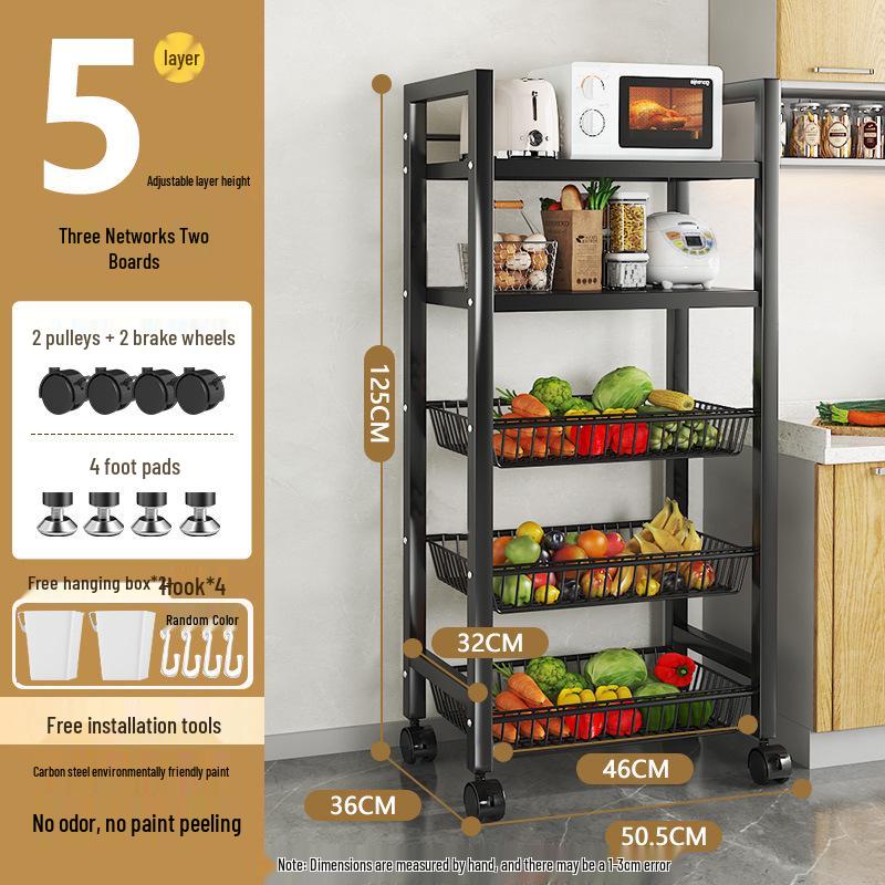 Multi-layer Movable Kitchen and Bathroom Storage Trolley and Vegetable Basket