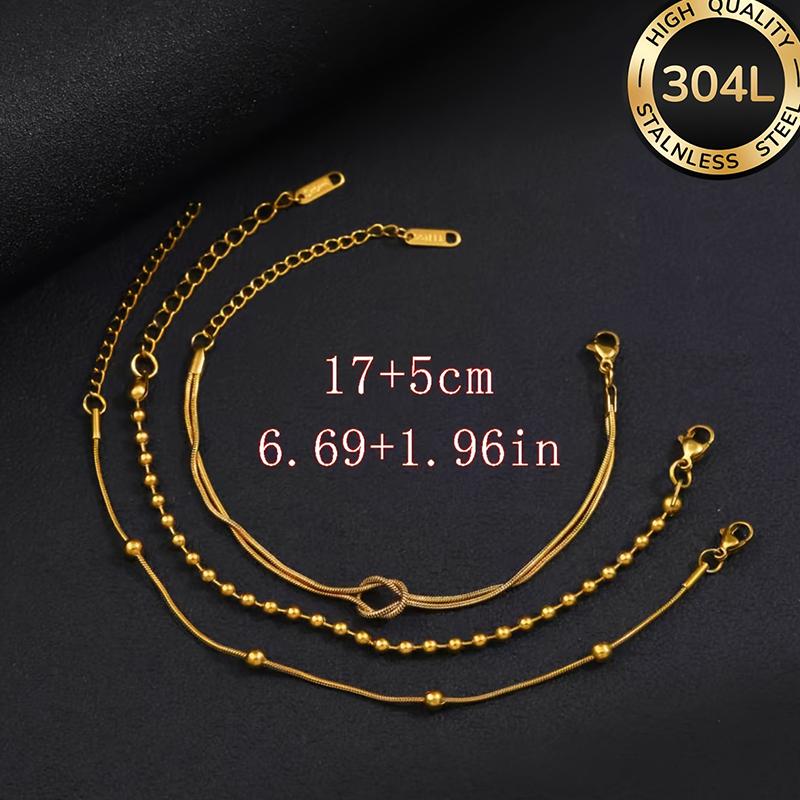 304L Stainless Steel 18k Gold‑plated Knot Beaded Bracelet Set Women Summer Beach Wear Adjustable Stackable Chain Jewelry Gift