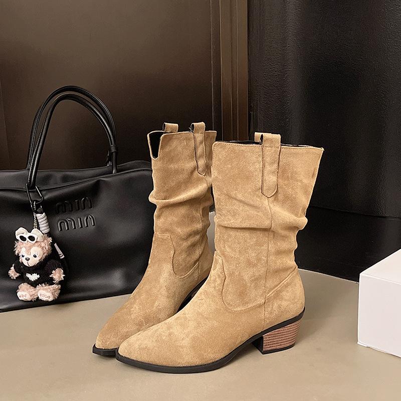 

8Cm heightening V-mouth thick heel short boots children s new autumn and winter retro large tube circumference thin thick-soled short tube stackin 42 хакі