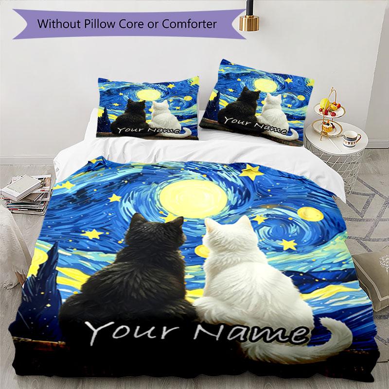 3PC Custom Name Night Sky Cats Bedding Set Printed Bedding Set Duvet Cover Closure Includes 1 Duvet Cover & 2 Pillowcases for All Seasons Bedroom
