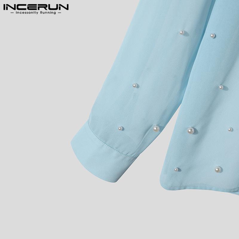 INCERUN Men Lace Up Neck Pearl Decoration Mesh Long Sleeve T-shirts Tops