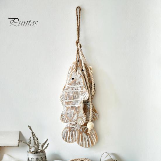 Ocean Inspired Wall Art Rustic Nautical Wooden Fish Decor, Coastal Beach Style Hanging Mediterranean Ornament with Fishing Net for Lake House,
