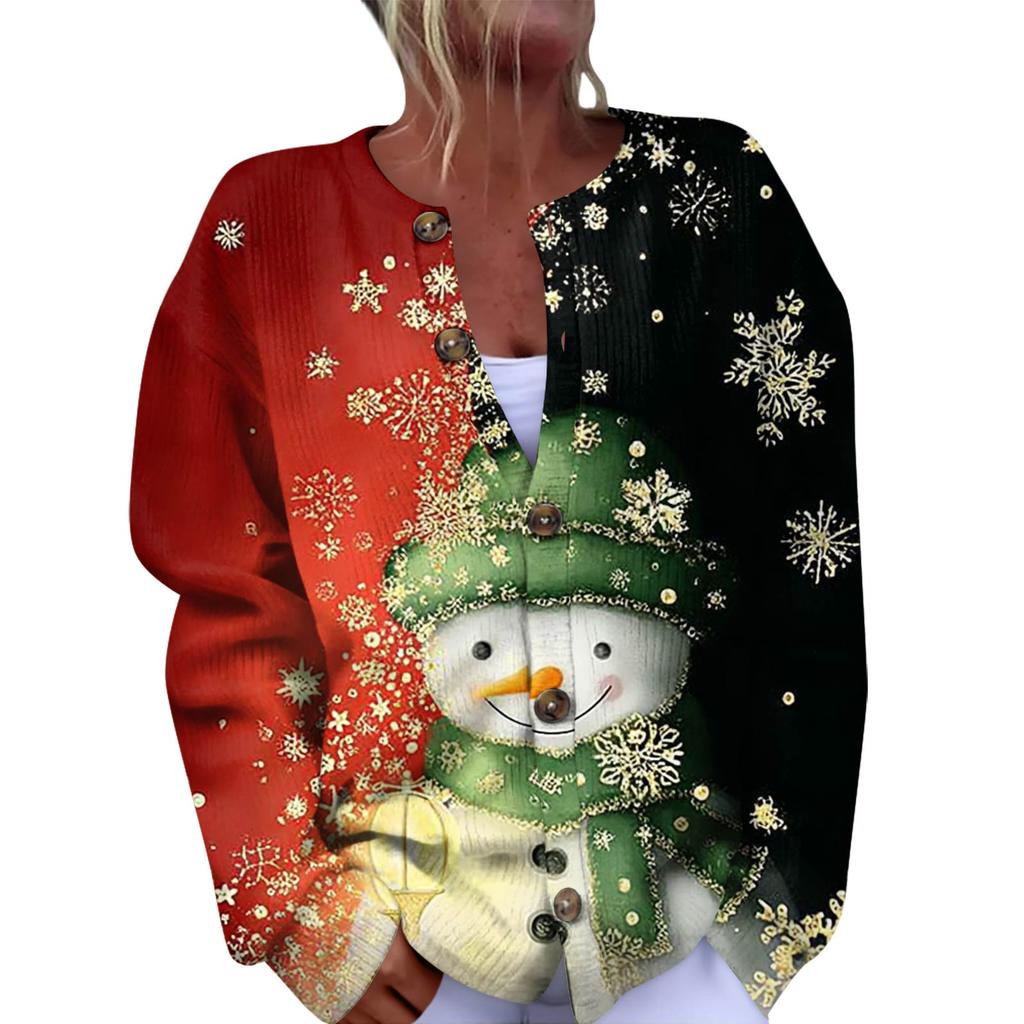 Women's Fashion Christmas Printed Long Sleeve Knitted Cardigan Button Down Jacket
