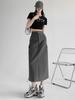 Cargo Midi Skirt Women Summer Slim High Waist Slit A-line Skirt Stitching Drawstring Female Streetwear Vintage Y2K Grey