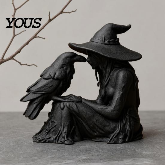 Stable Base Witch Ornament 3D Printed Ornament, with Matte Black Figurine, Frosted Paint Gothic Style Resin Sculpture for Halloween Party