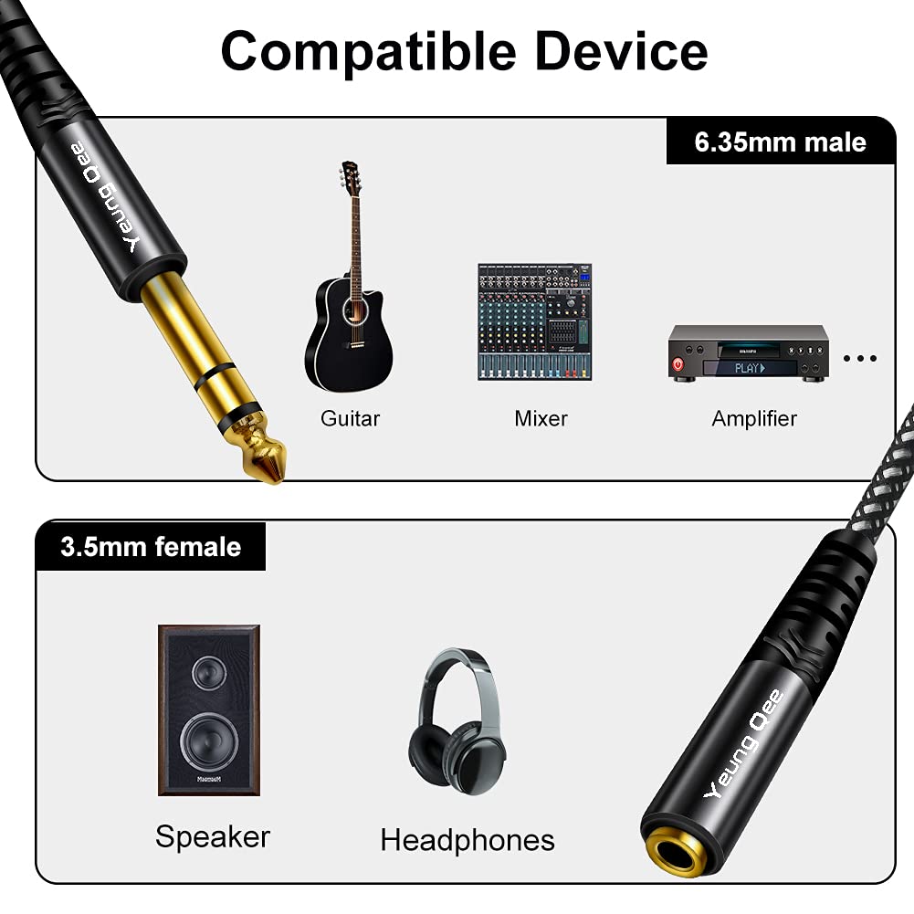 6.35mm to 3.5mm Headphones Adapter Cable 3 ft, TRS 1/4" Male to 1/8" Female Stereo Audio Cable Compatible for Amplifiers, Guitar Amp, Piano, Home