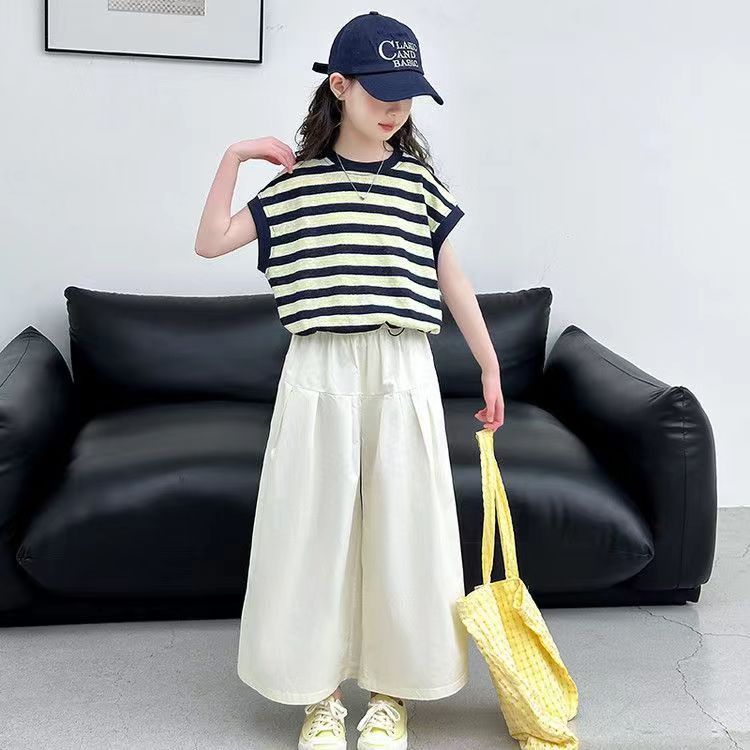 

Summer Girls Clothes Child Set Sleeveless Suit Teen Striped T Shirt Crop Top +wide Leg Loose Pants 170
