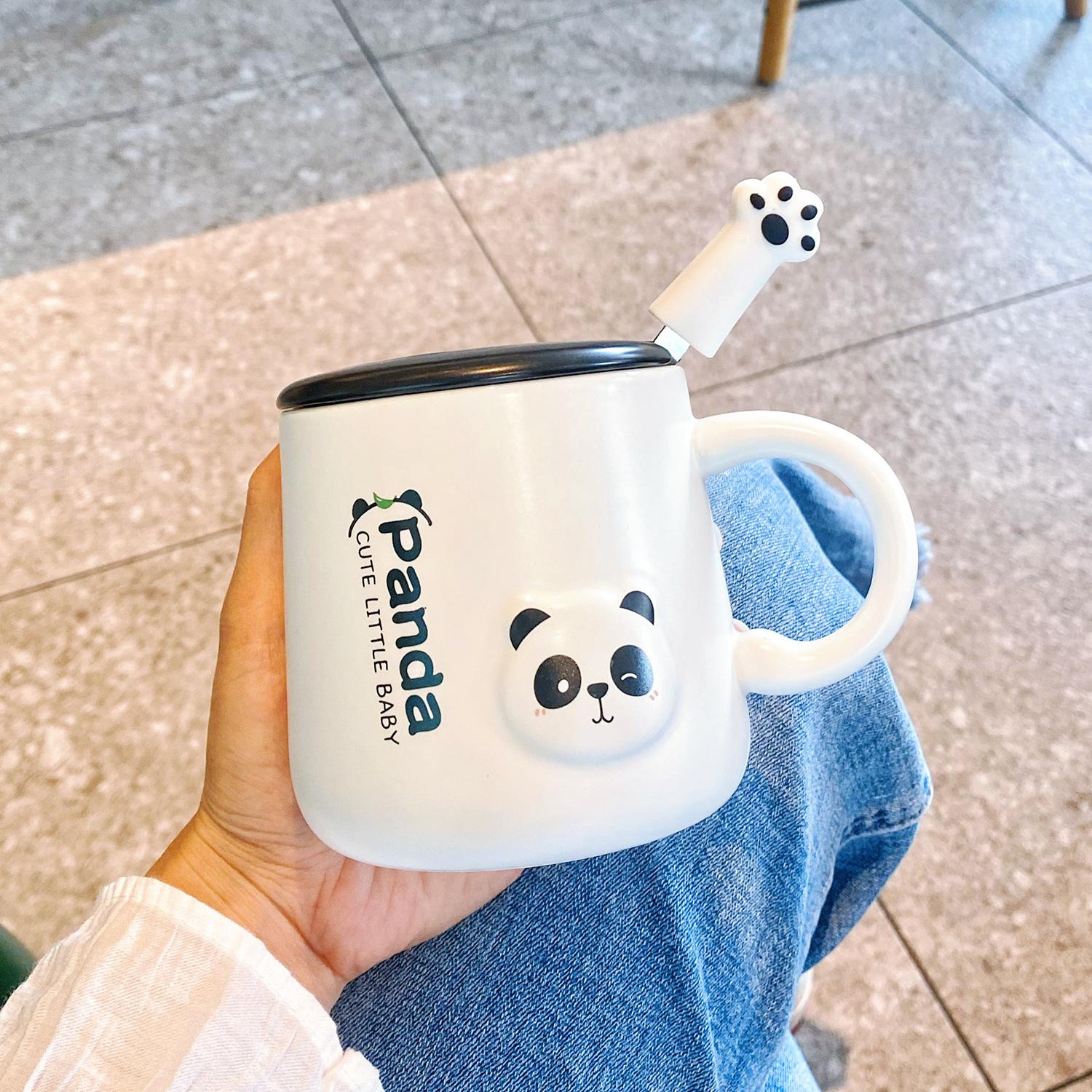 

Кружка Панда высокой ценности с крышкой и ложкой, керамическая чашка для пары, детская чашка для питьевой воды для дома, офисная чашка для кофе 301-400ml