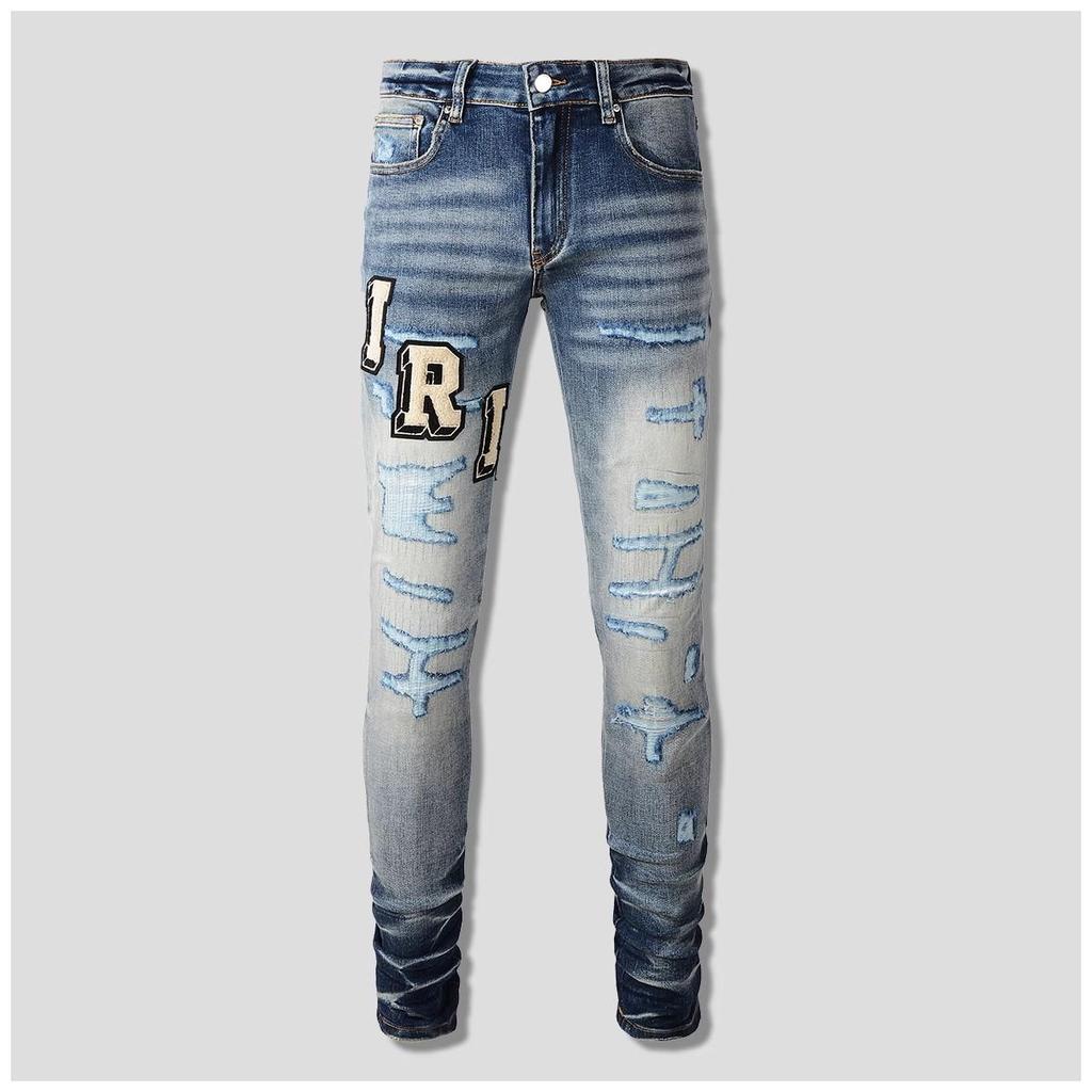Punk Retro Blue Ripped Slim Fit Printed Men's Jeans