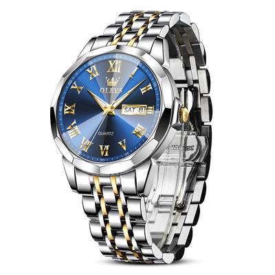 OLEVS Armbanduhr, beliebte wasserdichte Analoguhr, stilvolle Business-Uhr für Herren, Datum, blaues Zifferblatt, modisches Analogquarz, goldweißes Edelstahlband