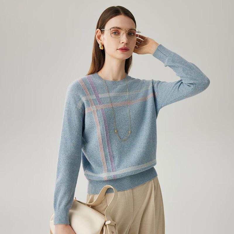 Women's 100% Cashmere Color Block Stripe Round Neck Sweater