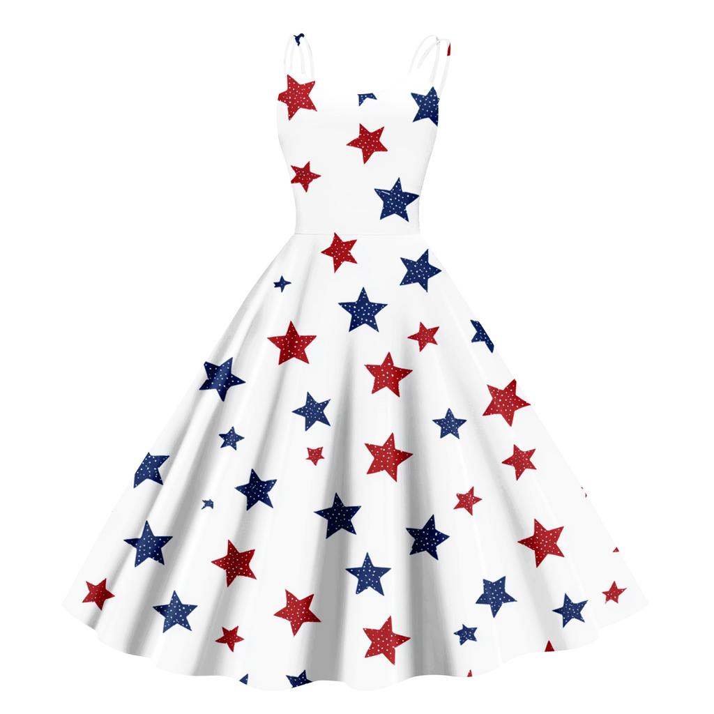 Women’s Sleeveless Spaghetti Strap A Line Dress with Abstract Star Stripe Print Vintage Inspired Design