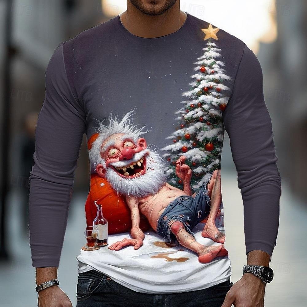 2025 Spring and Autumn Christmas Men's 3D Elderly Print Crew Neck Long Sleeve T-Shirt Street Casual Fun Top