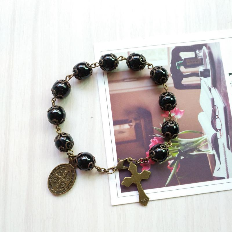 QIGO Catholic Jewelry Black Glass Beads Cross Bracelet With Cups Religious Jewelry For Men Women