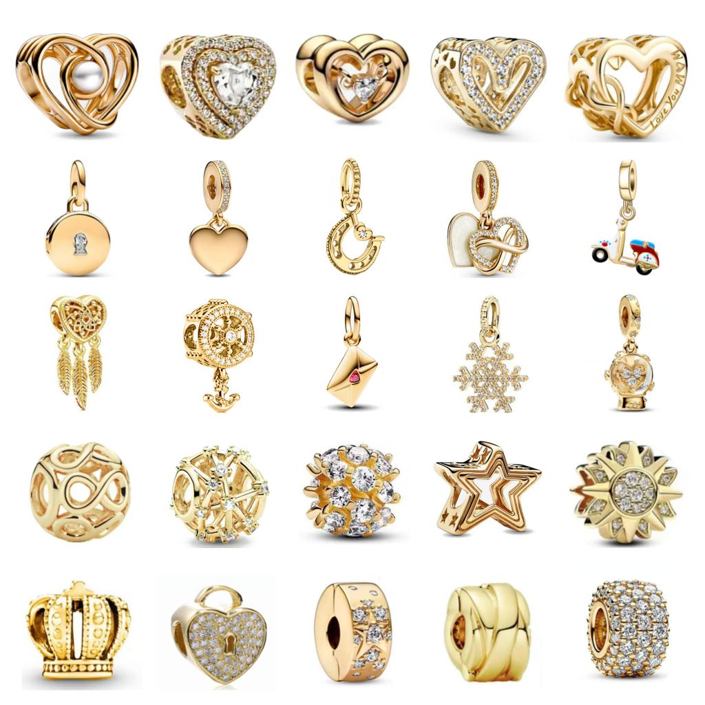 Europe Newplated Copper Gold Smooth Heart Pendant Charm Rudder Crown Bead Fit Original Pan Thin Bracelet Jewelry For Gift