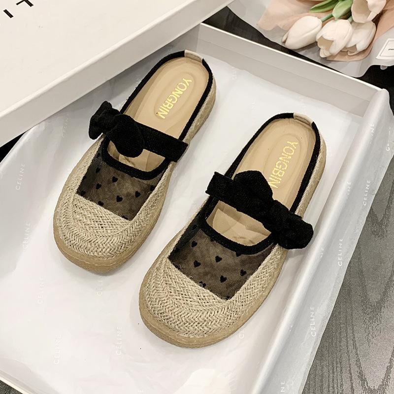 

Кружевные туфли рыбака женские 2025 новые летние полутапочки с сумкой на голове в модных бантах сплетенные классные тапочки женские 40 чёрный