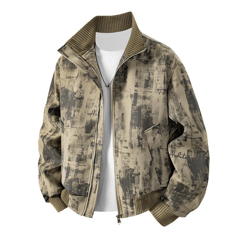 

Men s White Tie-Dye Script Print Bomber Jacket, Stand Collar Casual Coat with Zipper Closure, Streetwear Style for Daily Wear M