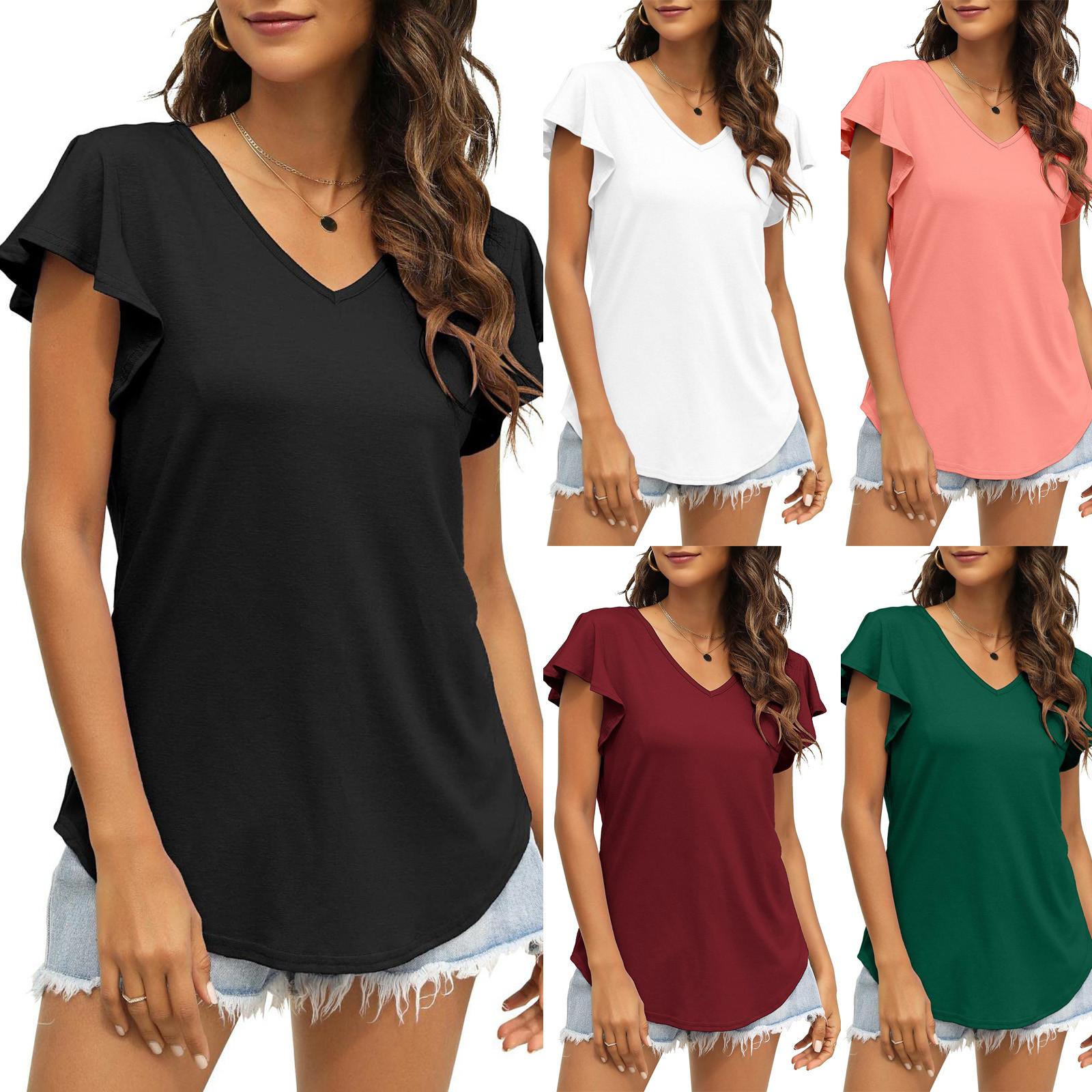 

Женская повседневная модная однотонная свободная футболка с v-образным вырезом и рюшами и короткими рукавами, топы